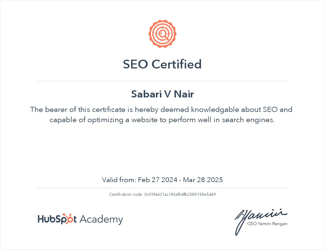 Sabari V Nair_SEO Certified